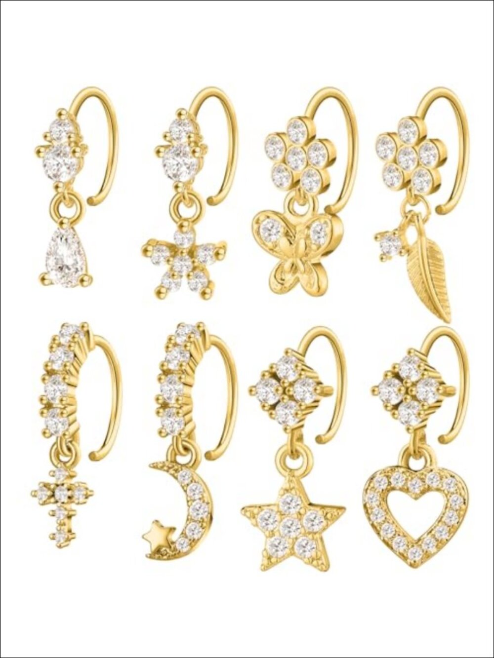 8 Pc Dangle Nose Ring Hoop 14k Gold Plated Copper Cz Cartilage Septum Daith